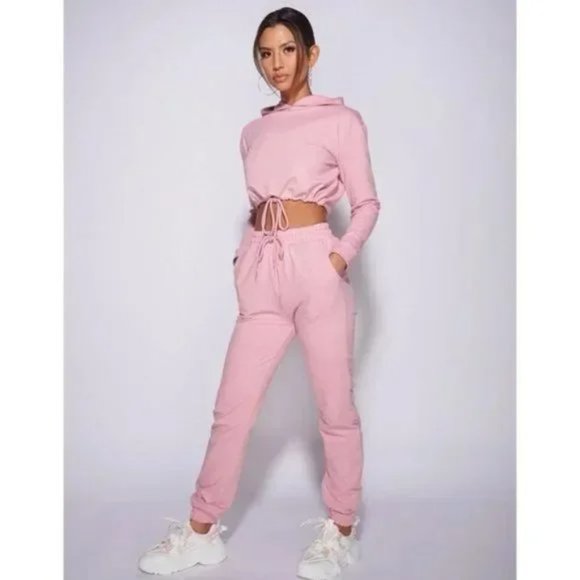 Pink Long Sleeve Hooded Crop Top and High Waist Joggers Pants Two Piece Set - Picture 11 of 17